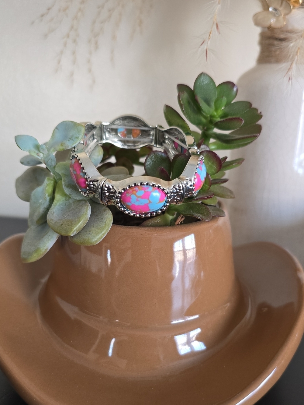 Western Bohemian Style adjustable bracelet with Inlaid Cotton Candy Turquoise